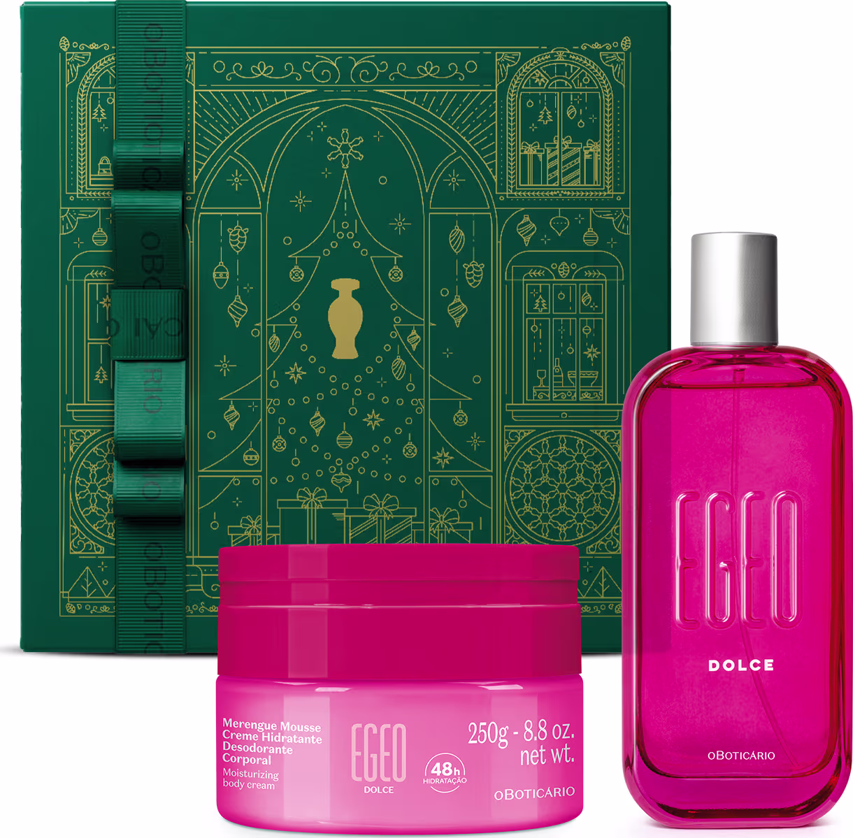 A imagem mostra produtos Egeo Dolce o Boticário: desodorante colônia de 90ml, merengue mousse creme hidratante desodorante corporal de 250g e caixa de presente.