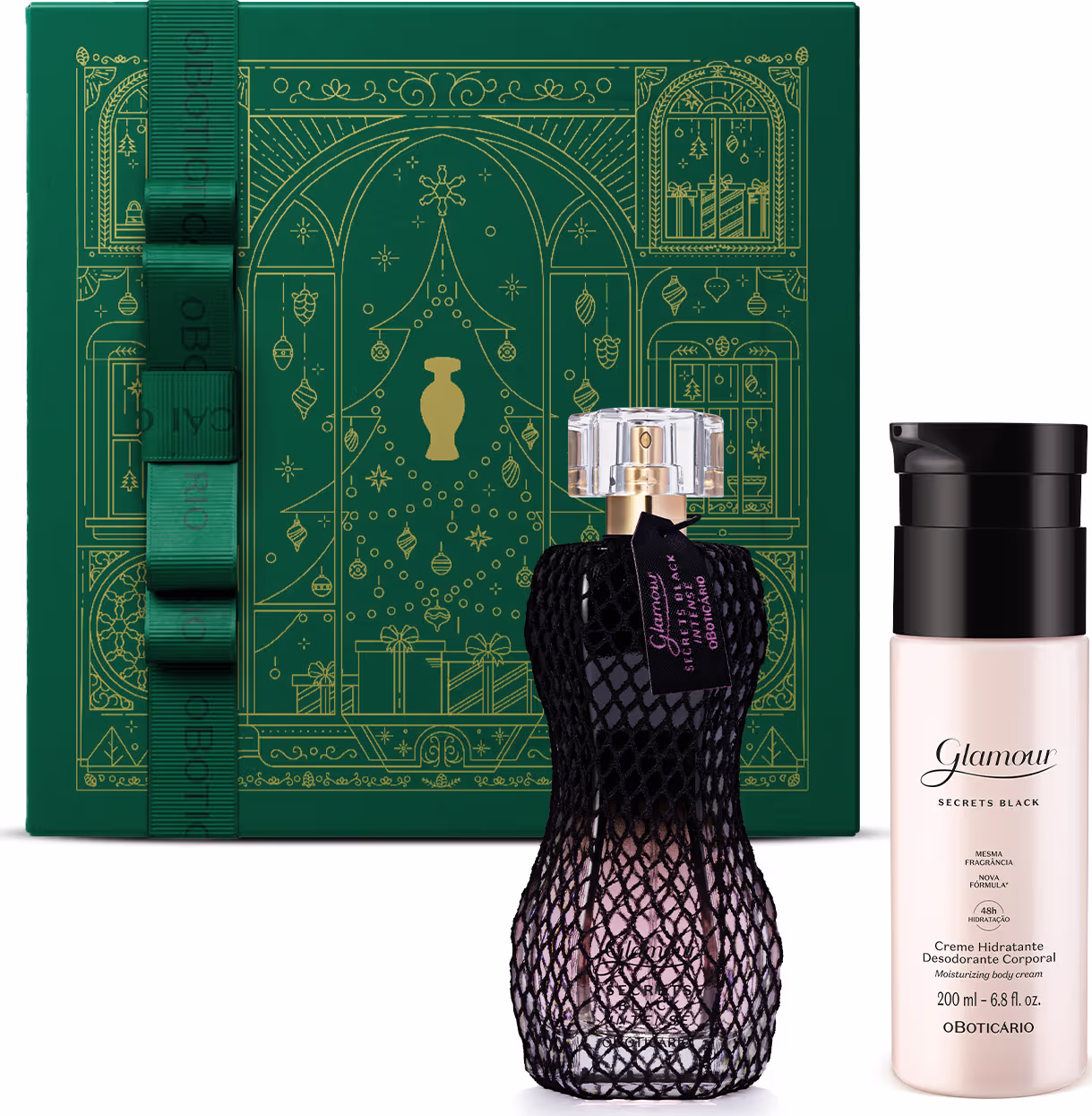 A imagem mostra produtos do Boticário: desodorante colônia Glamour Secrets Black Intense de 75ml, creme hidratante desodorante corporal Glamour Secrets Black de 200ml e caixa de presente.