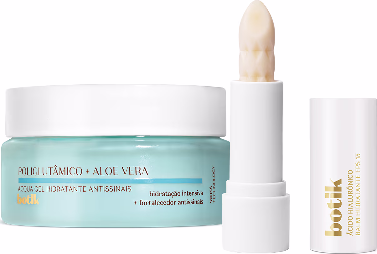 A imagem mostra Kit Botik da marca o Boticário com Gel Hidratante Antissinais Ácido Poliglutâmico 50g + Balm Labial Ácido Hialurônico 3,2g