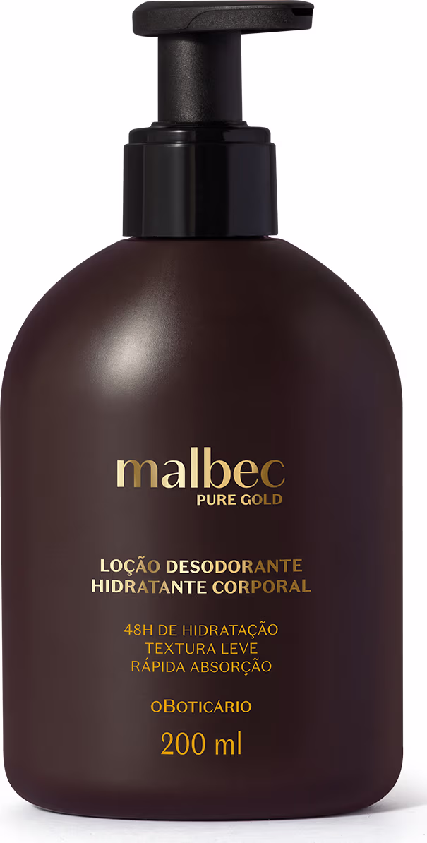 Frasco de loção desodorante hidratante corporal da marca Malbec Pure Gold, com embalagem de plástico escuro e rótulo dourado, contendo 200 ml do produto.