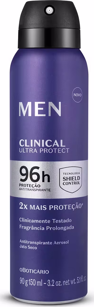 Desodorante antitranspirante aerossol masculino da marca O Boticário, com embalagem roxa e preta, rótulo com a palavra "MEN" e informações sobre a tecnologia "Shield Control" e proteção de 96h.