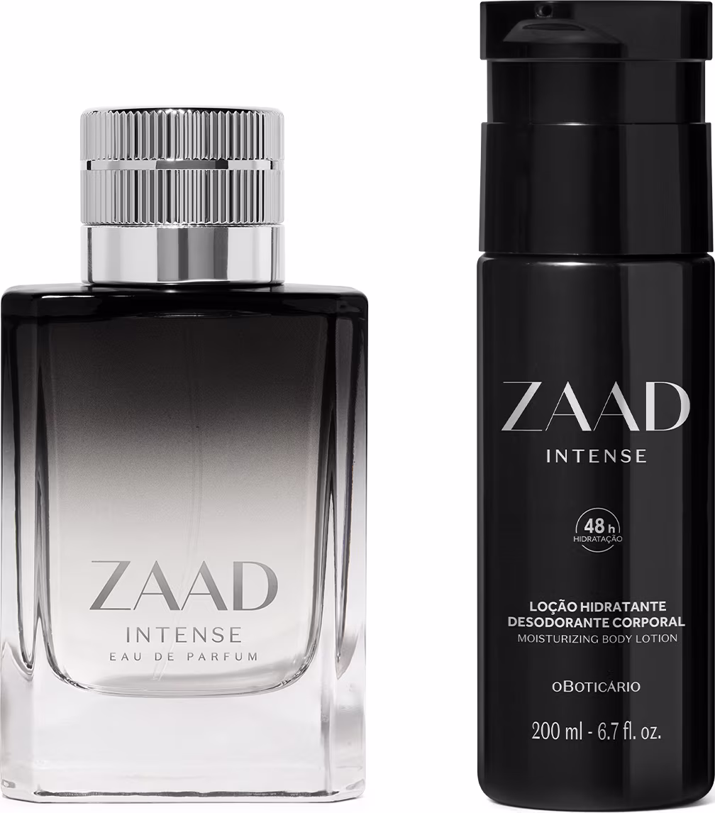 Fragrância Zaad Intense em frasco de vidro preto e prata, acompanhada de loção hidratante corporal Zaad Intense em embalagem preta com detalhes em prata. Ambos os produtos exibem o nome da marca de forma proeminente.