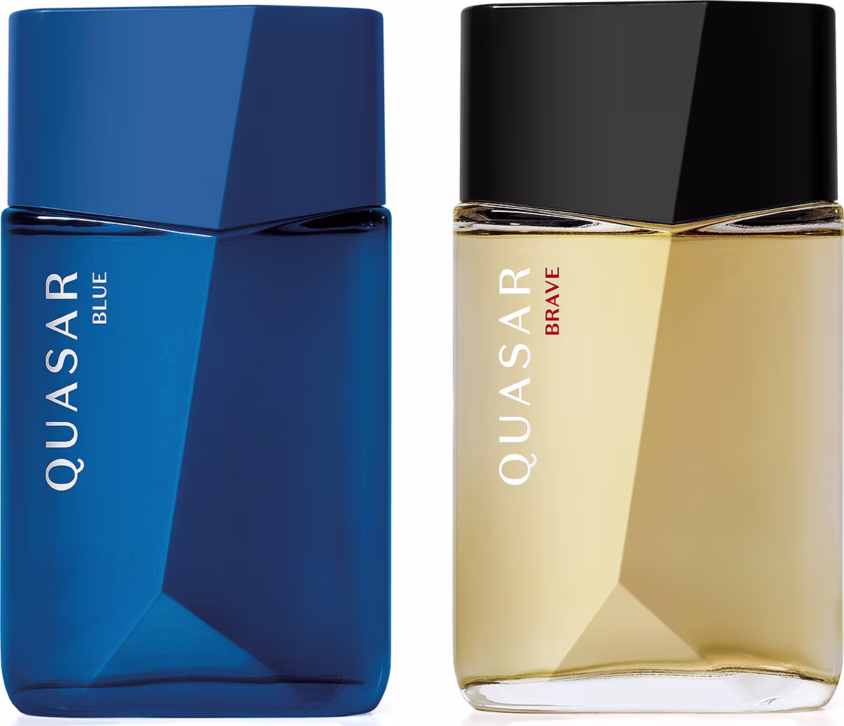 Dois frascos de perfume da linha Quasar, um na cor azul e outro na cor dourada. O frasco azul possui um design geométrico e o frasco dourado tem um design mais simples. Ambos os frascos apresentam o nome da marca "Quasar" em destaque.