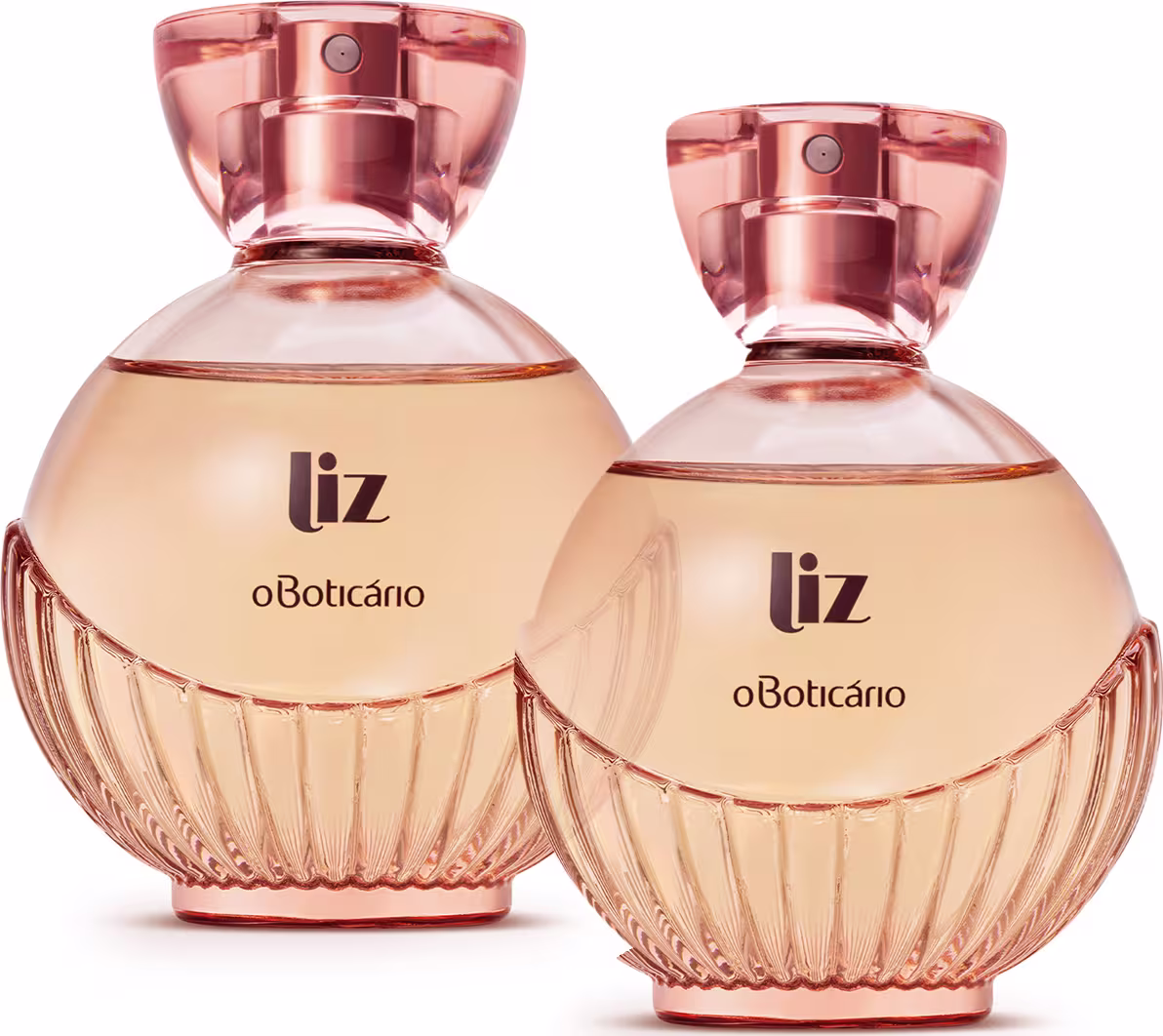 Dois frascos de perfume da marca Liz o Boticario, com design elegante em tons de rosa e dourado, apresentando rótulos com o nome da marca em destaque.