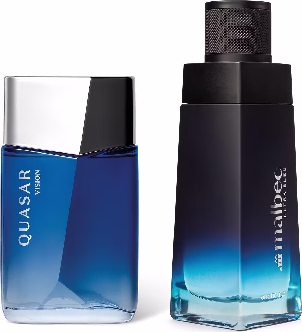 Dois frascos de perfumes da marca O Boticário, um azul e outro preto, com design moderno e minimalista. O frasco azul possui rótulo com o nome da marca, enquanto o frasco preto apresenta um design mais simples e discreto.