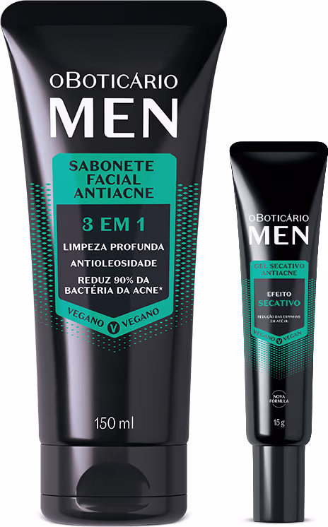 Sabonete facial antiacne 3 em 1 da linha O Boticario Men, com embalagem preta e verde, apresentado em tubo de 150 ml e tubo menor de 15 g, indicando limpeza profunda, antioleosdidade e redução de 90% da bactéria da acne.