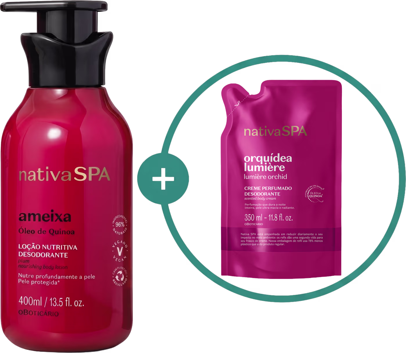 Frasco vermelho de loção corporal nutritiva Ameixa da Nativa SPA, com 400 ml, e pacote rosa de creme desodorante perfumado Orquídea Lumière da mesma marca, com 350 ml.