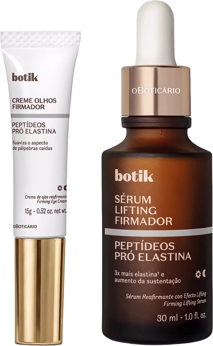 Dois produtos da marca Botik: um creme firmador para olhos com peptídeos pró-elastina e um sérum lifting firmador também com peptídeos pró-elastina, ambos em embalagens brancas e douradas.