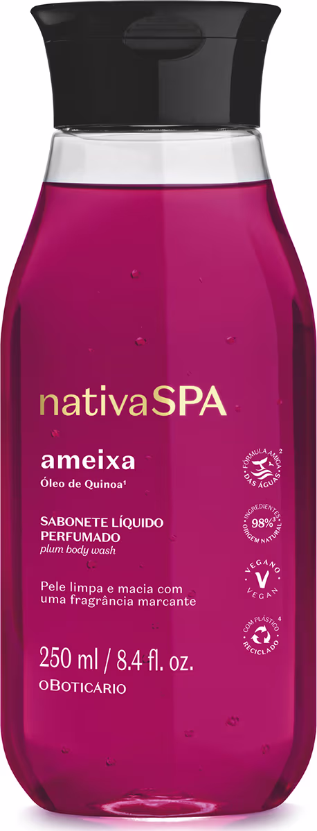 Embalagem plástica transparente de 250ml, com tampa preta. Líquido de cor rosa intenso visível através do frasco. Rótulo com o nome do produto "ameixa - Óleo de Quinoa" e a marca Nativa SPA em letras douradas.