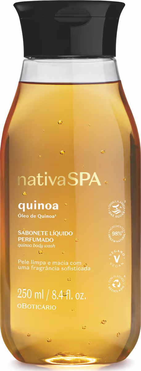 Embalagem plástica transparente de 250ml, com tampa preta. Líquido de cor amarela visível através do frasco. Rótulo com o nome do produto e a marca em letras brancas.