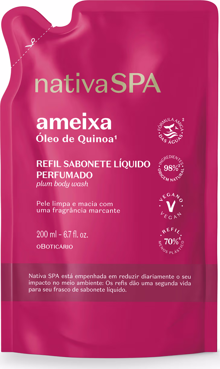 Embalagem flexível em formato sachê de plástico na cor rosa vibrante com detalhes em branco. Rótulo com o nome do produto "ameixa Óleo de Quinoa".