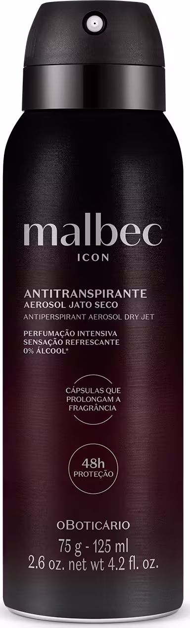 Na imagem um desodorante antitranspirante da marca Malbec, da linha Icon. O frasco é preto e possui detalhes em relevo, dando um visual sofisticado. No rótulo indica que é um aerossol jato seco, com perfumação intensa e refrescante, sem álcool de 125mll.