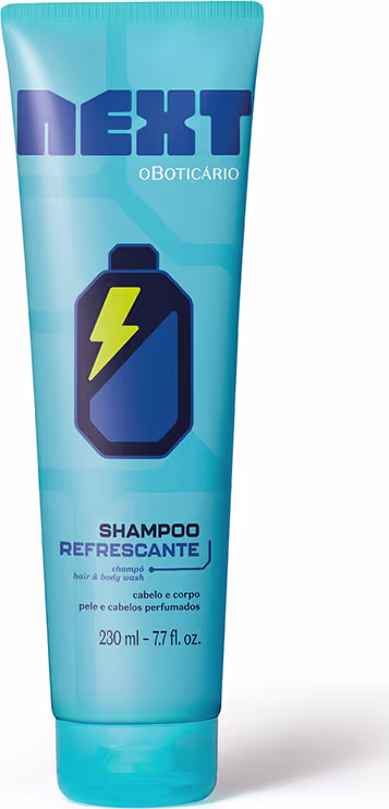 Frasco de shampoo Next com design moderno e cores azul e amarelo. Rótulo indica que o produto é um shampoo refrescante para cabelo e corpo com perfume.
