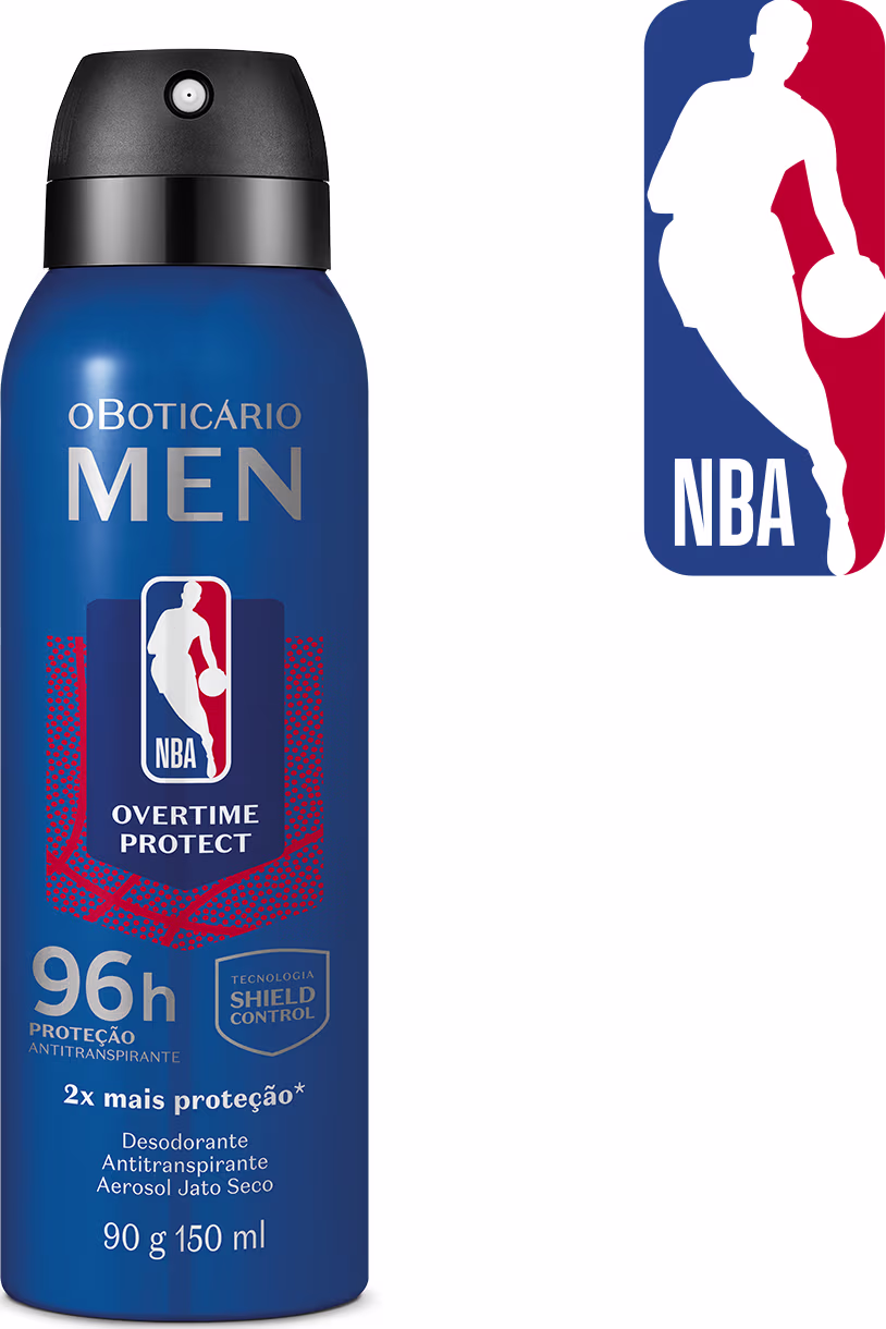O produto apresentado é um desodorante aerossol da linha NBA Men da marca O Boticário. O frasco é de cor azul com o logo da NBA em vermelho e branco. O texto no frasco indica que se trata de um produto com tecnologia "Shield Control" para maior proteção.