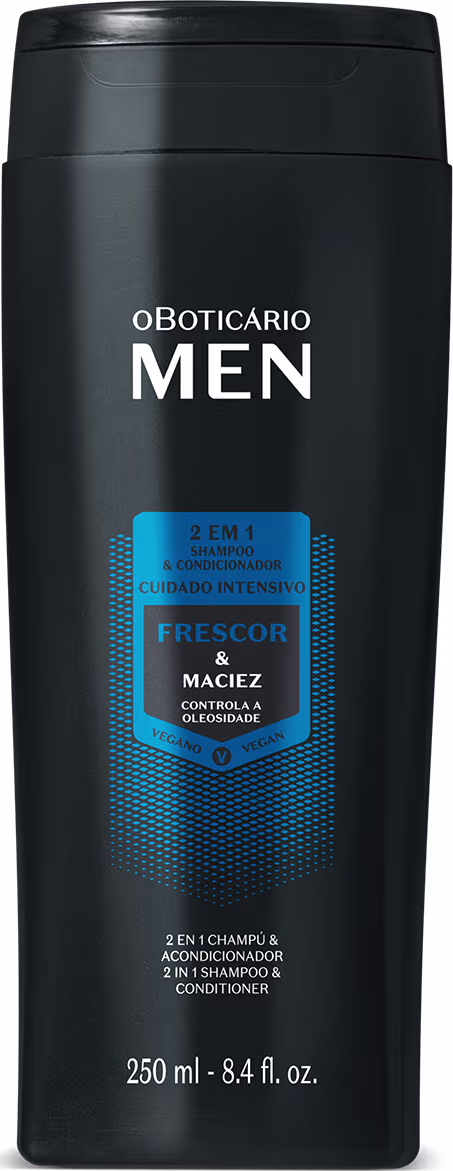 Na imagem um shampoo e condicionador 2 em 1 para cabelos masculinos, da linha o Boticário Men. A embalagem é preta com detalhes em azul e o frasco tem capacidade de 250ml.