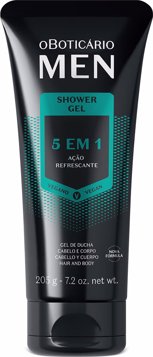 Na imagem um gel de banho "Shower Gel Men 5 em 1" com ação refrescante. O frasco preto tem detalhes em verde e destaca que o produto é vegano. Além disso, informa que serve para cabelo e corpo, com peso líquido de 205g.