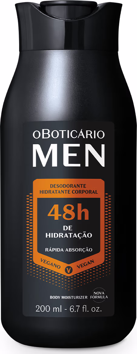 Um frasco preto com detalhes em laranja, contendo 200 ml. O rótulo destaca que o produto oferece 48 horas de hidratação, possui rápida absorção e é vegano.