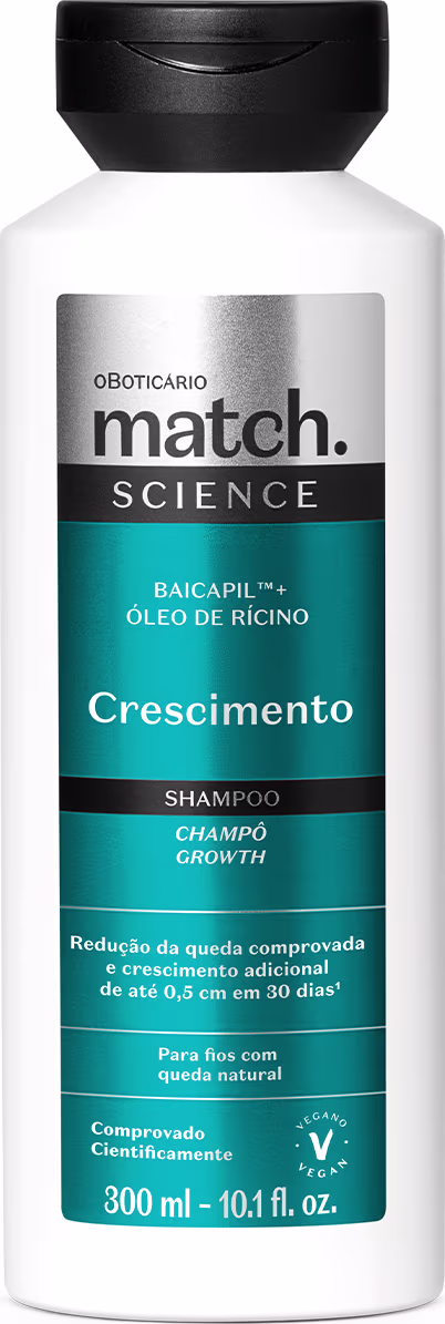 Shampoo para crescimento capilar da linha Match Science. Embalagem plástica branca de 300ml. Cores predominantes são branco, preto, azul e prata. Texto indica que promove redução da queda de cabelo e crescimento adicional de até 0,5 cm em 30 dias.