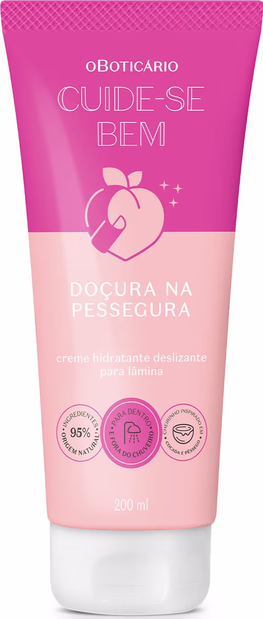 O produto é um creme hidratante deslizante para a pele da marca Boticário, da linha Cuide-se Bem. A embalagem é um tubo rosa com detalhes em branco, contendo o nome do produto "Doçura na Pessegura" e informações sobre sua composição e benefícios.
