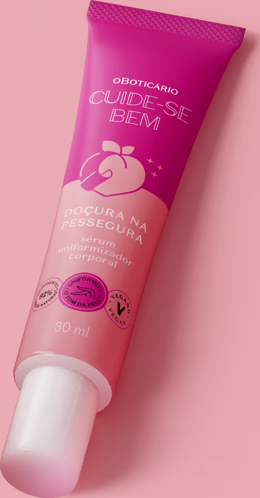 O produto apresentado é um tubo de creme da linha Cuide-se Bem da marca O Boticário. O rótulo também indica que se trata de um "Sérum uniformizador" com a descrição "Doçura na pessegura"