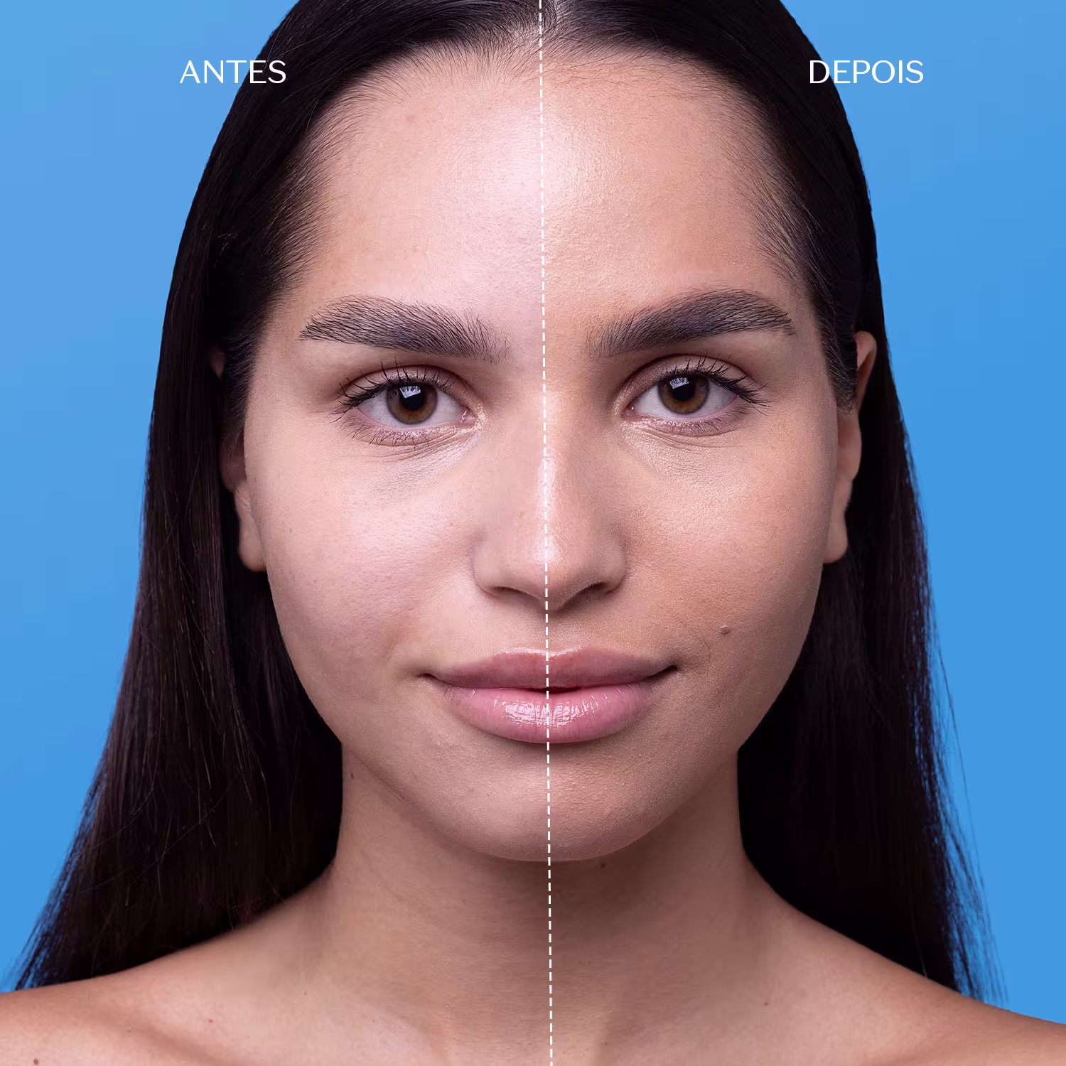A imagem mostra uma mulher com cabelos escuros, olhando diretamente para a câmera. Há uma linha divisória vertical no centro da imagem, separando a aparência "antes" e "depois" de um tratamento de beleza. O fundo azul claro destaca o rosto da modelo.
