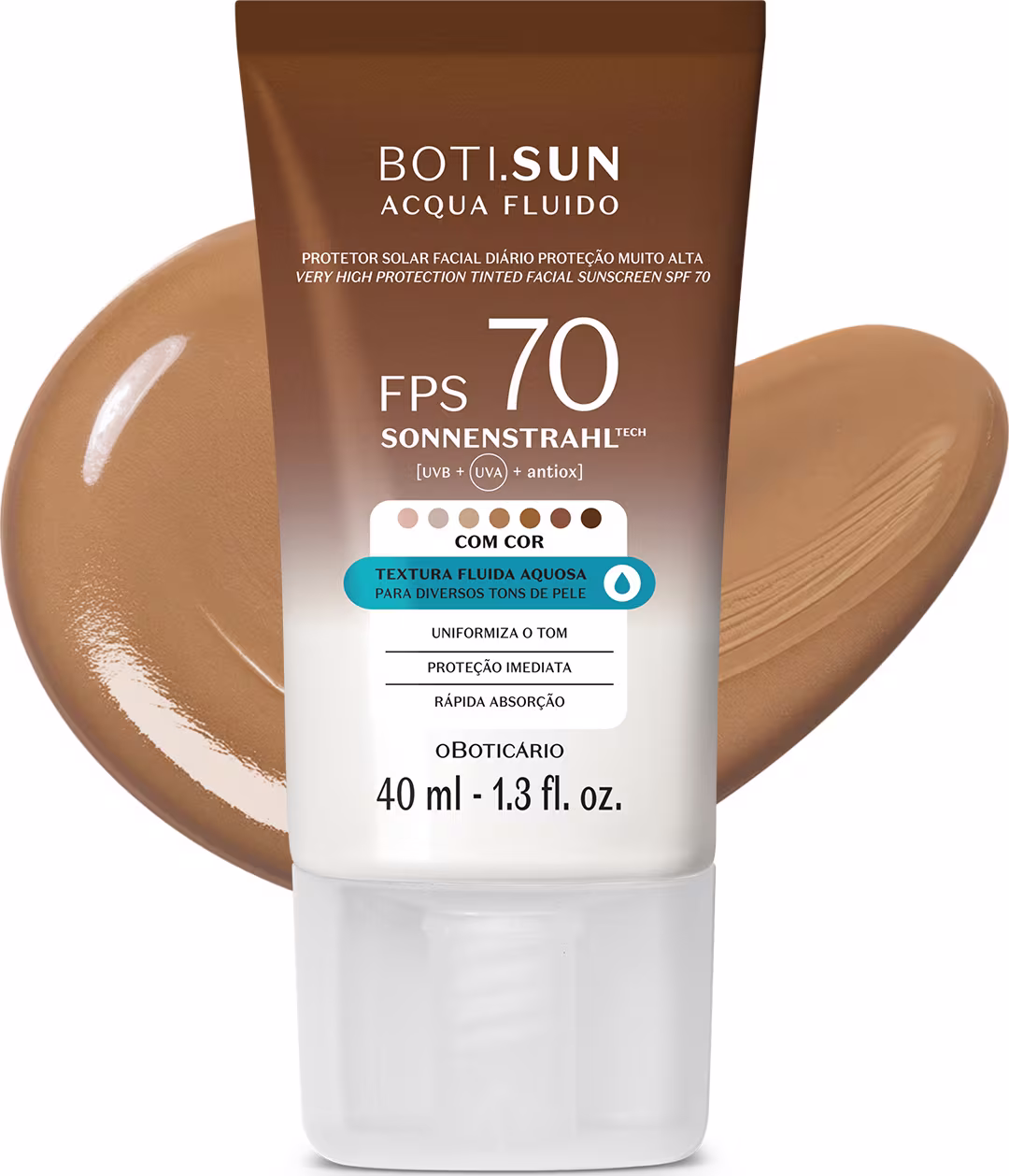 O produto Boti Sun apresenta uma textura fluida e aquosa, com uma aparência cremosa e brilhante. Suas cores predominantes são tonalidades de marrom. A embalagem destaca a alta proteção solar FPS 70, indicando uma textura leve e de rápida absorção.
