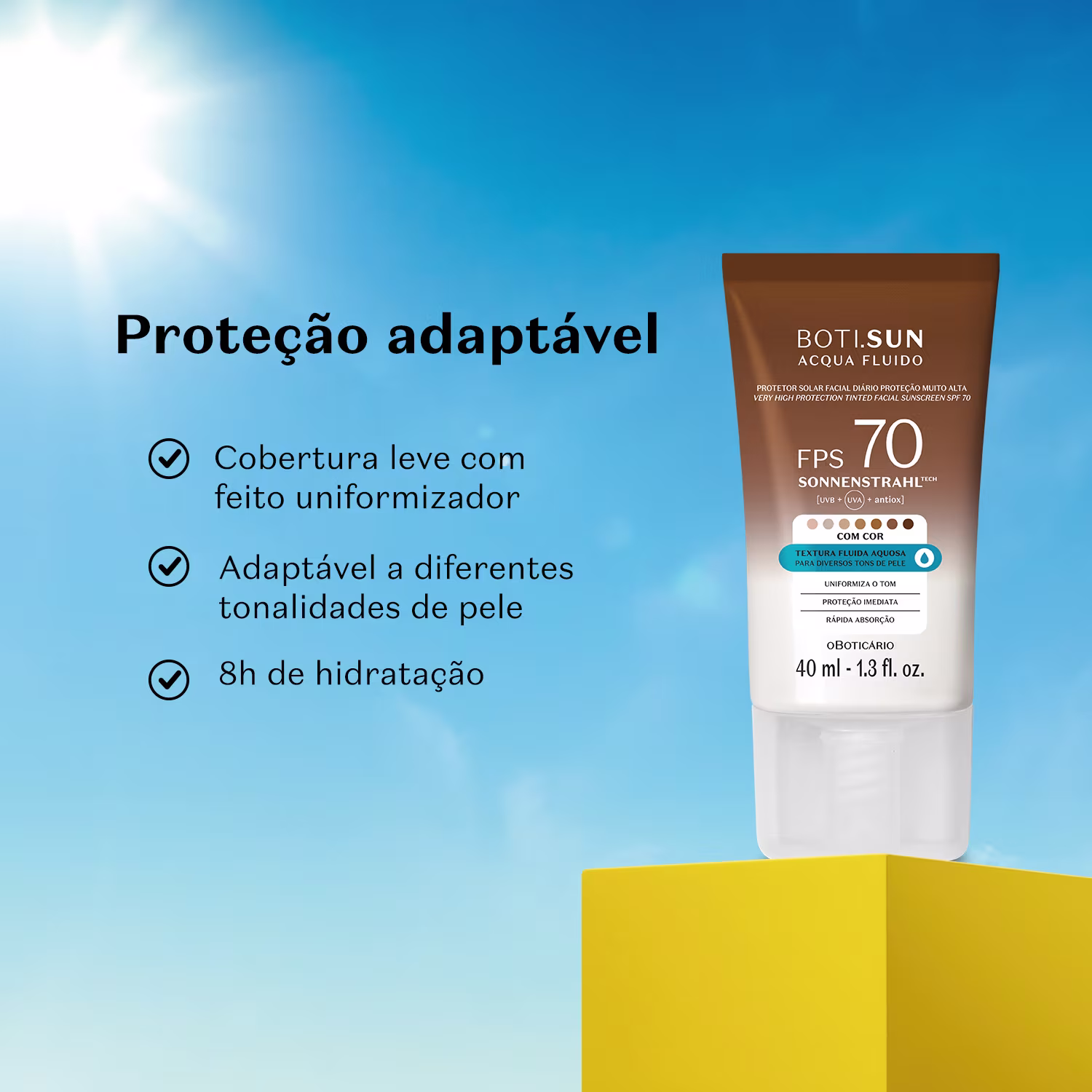 Card contendo os seguintes benefícios do produto: Proteção adaptável: cobertura leve com feito uniformizador, adaptável a diferentes tonalidades de pele, 8h de hidratação. FPS 70 Sonnenstrahlen, com cor, da marca Boti Sun.