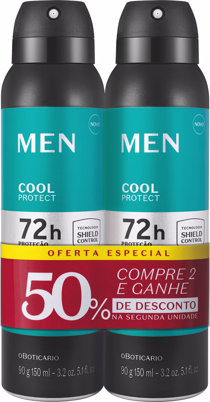 São dois desodorantes antitranspirantes em frascos de plástico pretos com detalhes em azul turquesa. Os frascos têm formato cilíndrico e tampa preta. O rótulo indica a linha "Men Cool Protect". Há uma oferta especial de 50% de desconto na segunda unidade.