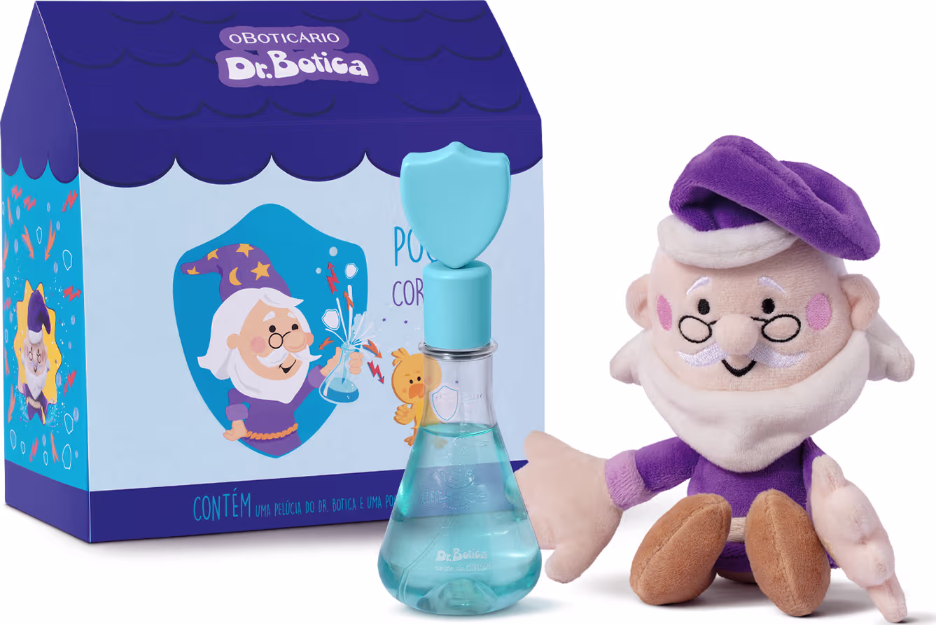 O produto apresentado é um conjunto de perfume infantil da marca Dr. Botica. Mostra uma caixa retangular azul com um personagem ilustrado. Ao lado, há um frasco de vidro azul claro contendo o perfume e um brinquedo de pelúcia do personagem.