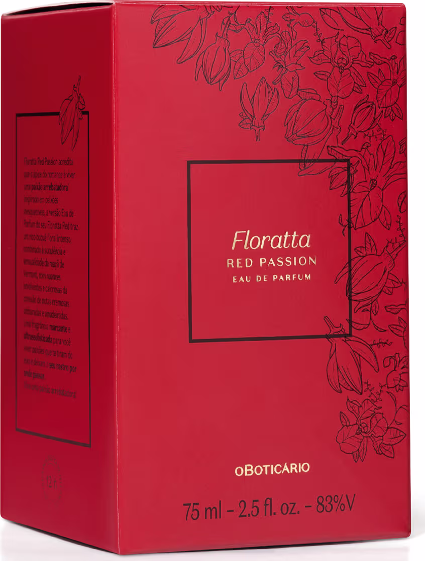 O produto apresentado é um frasco de perfume da linha Floratta, com o nome "Red Passion" impresso em destaque. A embalagem é uma caixa vermelha com um padrão floral em relevo, contendo informações sobre o produto.