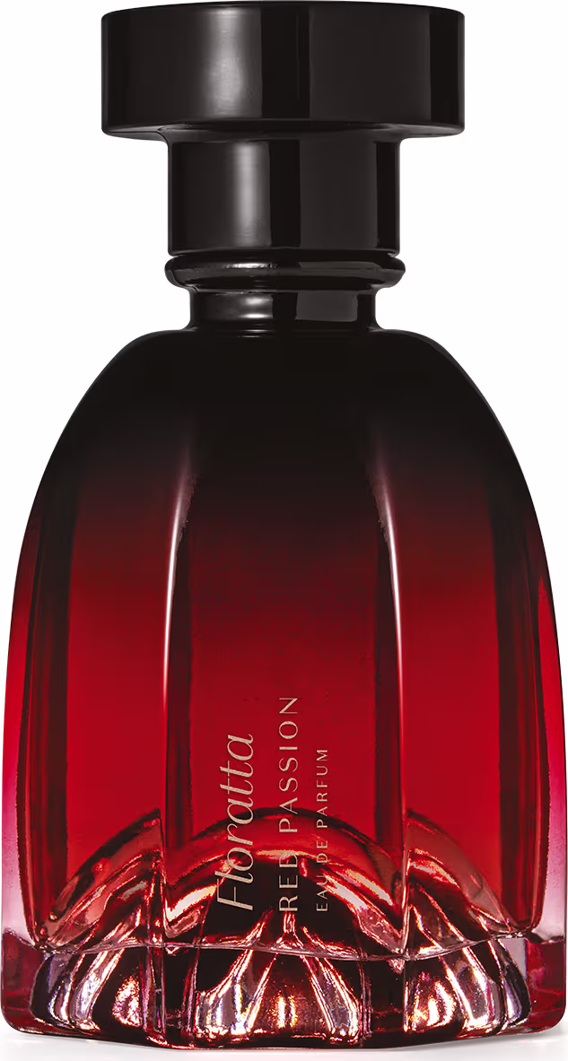 O produto é um frasco de um perfume da linha Floratta. O frasco possui um design elegante, com uma forma arredondada e uma tampa preta. A cor predominante do frasco é um degradê de vermelho, variando do escuro no fundo até o mais claro no topo.
