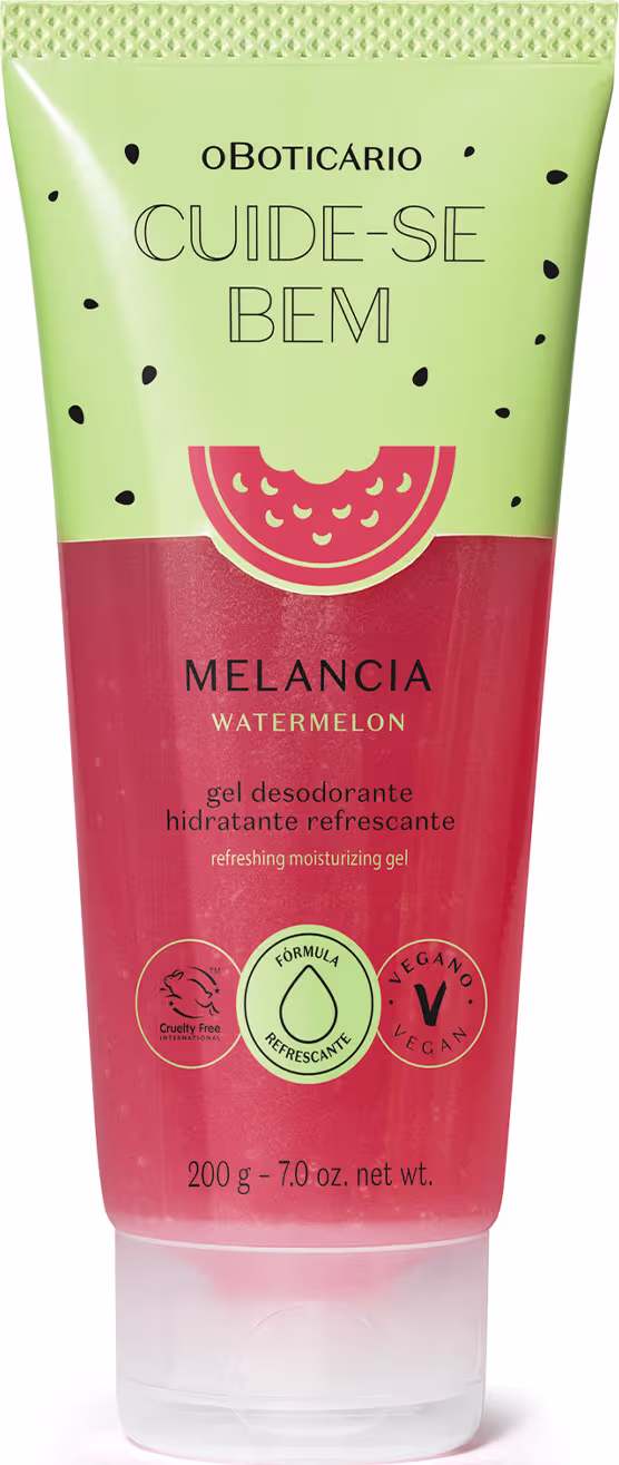 A imagem mostra uma embalagem tipo bisnaga, sendo metade transparente e mostrando o líquido vermelho e a outra metade verde, remetendo as cores da melancia.