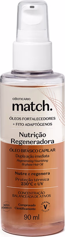 Frasco de óleo capilar regenerador da marca Match, com rótulo em tons de bege e laranja, contendo 90 ml do produto. Destaca-se a promessa de nutrição e regeneração dos fios, com proteção térmica e UV.