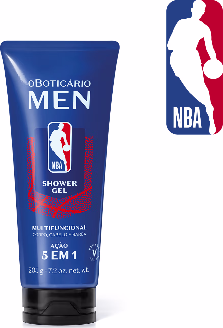O produto apresentado é um gel de banho multifuncional da marca Boticario Men, com o logotipo da NBA (National Basketball Association). A embalagem é um tubo azul com o texto "Boticario MEN" e "NBA" em destaque. O item é descrito como tendo "Ação 5 em 1".