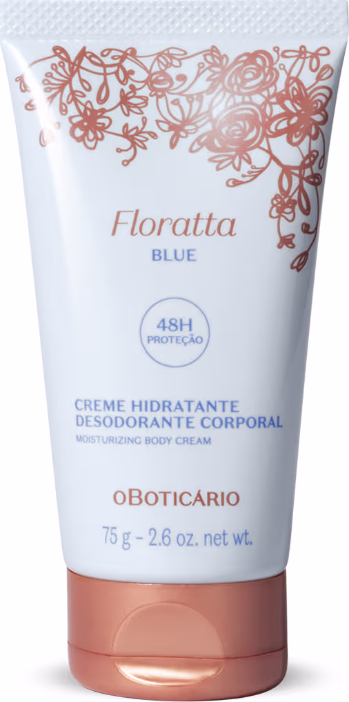 Embalagem plástica azul claro e rosé. Rótulo indicando "Creme Hidratante Desodorante Corporal" e "Oboticário". Peso líquido de 75g.