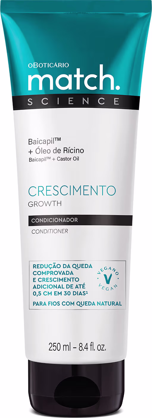 A imagem mostra um produto da linha Match de O Boticário para o crescimento capilar. É um condicionador chamado "Baicapil Crescimento" que contém óleo de rícino (Baicapil). O frasco é azul e branco e o tamanho do frasco é de 250ml.