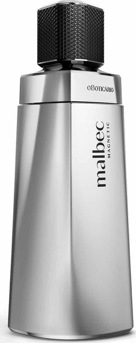 O frasco é prateado e possui um design geométrico com uma tampa preta. O rótulo do produto exibe o nome "Malbec" em letras prateadas. A embalagem tem um aspecto elegante e sofisticado.