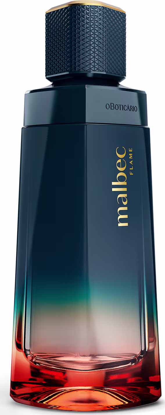 O produto apresentado é uma fragrância Malbec Flame. O frasco possui um design elegante e moderno, com uma coloração degradê que vai do azul escuro no topo até o laranja avermelhado na base.