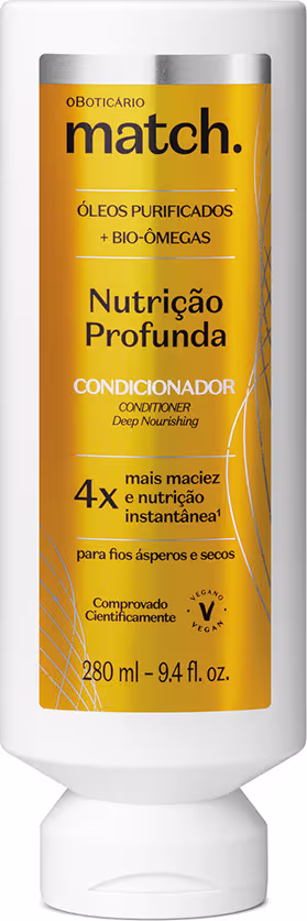 Frasco branco de condicionador da marca Match, com rótulo amarelo destacando os ingredientes "óleos purificados + bio-omegas" e a promessa de "nutrição profunda" para cabelos ásperos e secos.
