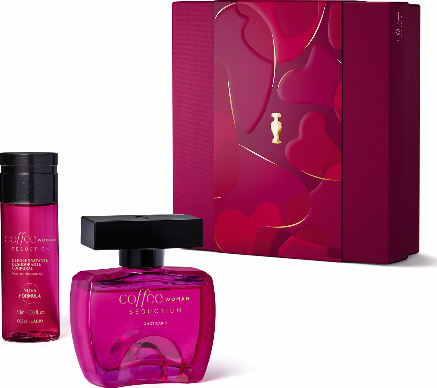Kit de produtos de beleza da marca Coffee, incluindo um frasco de desodorante colônia feminino de cor rosa vibrante e uma caixa de presente vermelha com detalhes dourados.