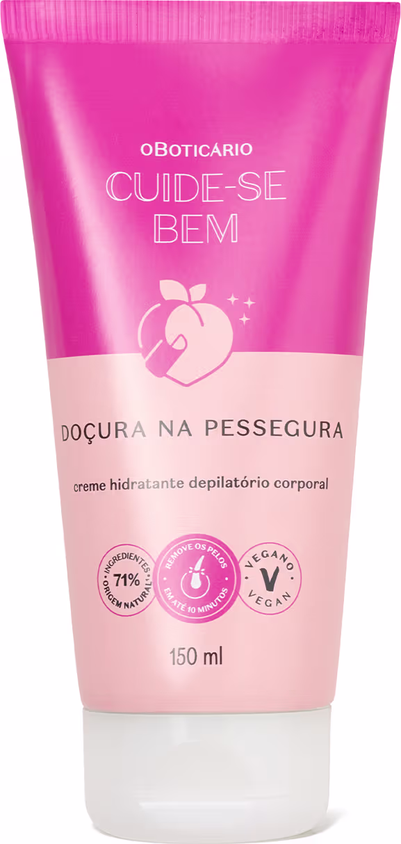 O produto apresentado é um creme hidratante depilatório corporal da marca Cuide-se bem, em uma embalagem de tubo rosa com detalhes em branco. A embalagem também apresenta selos indicando que o produto é vegano e contém 71% de ingredientes naturais.