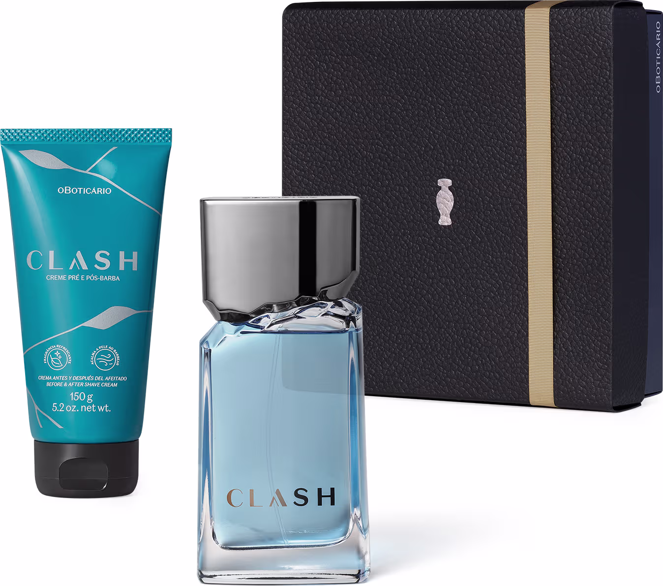 Kit de produtos Clash, incluindo um frasco de fragrância azul e uma embalagem preta com detalhes em bege, além de um tubo de creme pré e pós-barba na cor azul.