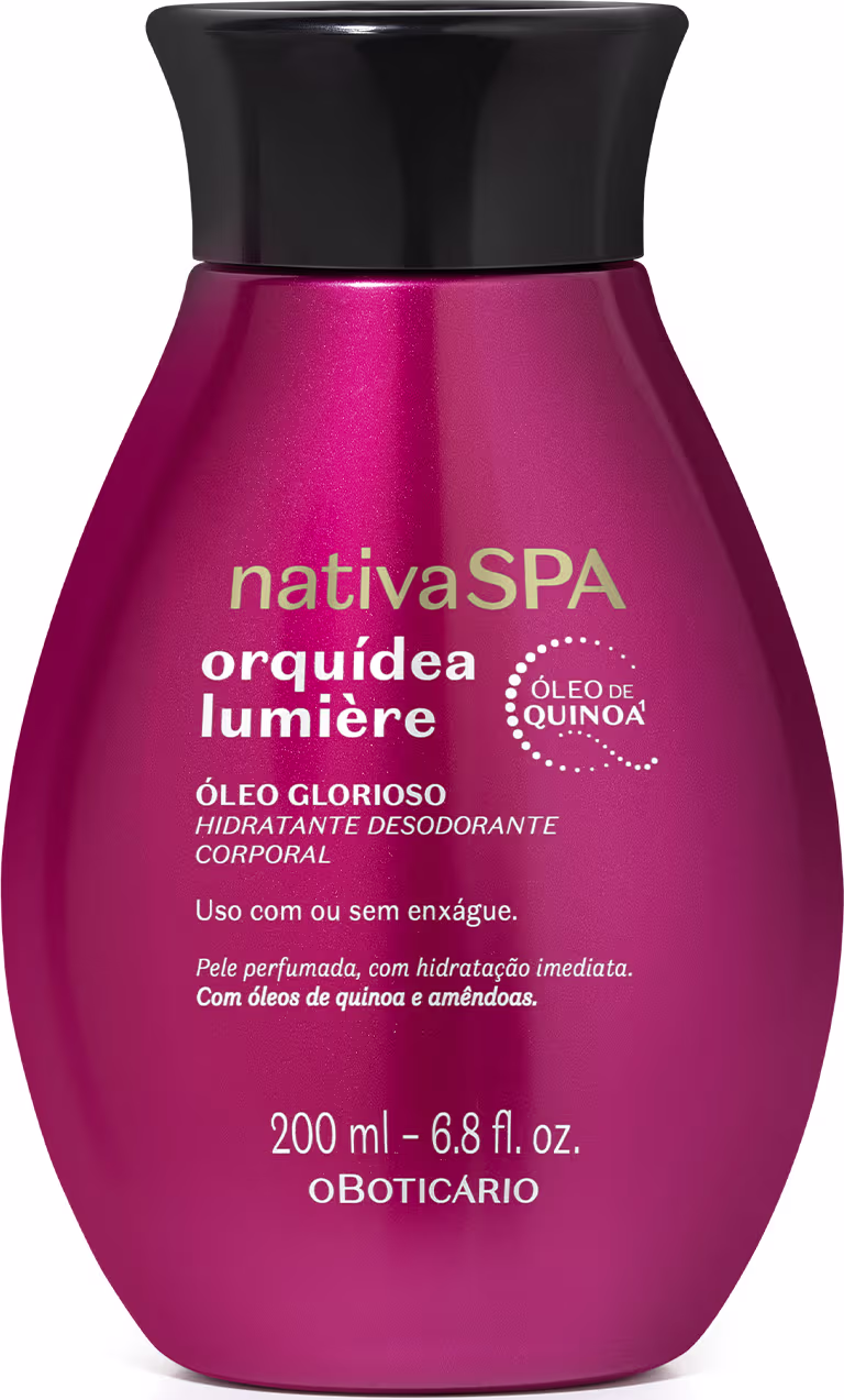 Frasco rosa vibrante de óleo corporal hidratante da linha Nativa SPA Orquídea Lumière, com 200 ml de volume e rótulo destacando ingredientes como óleo de quinoa.