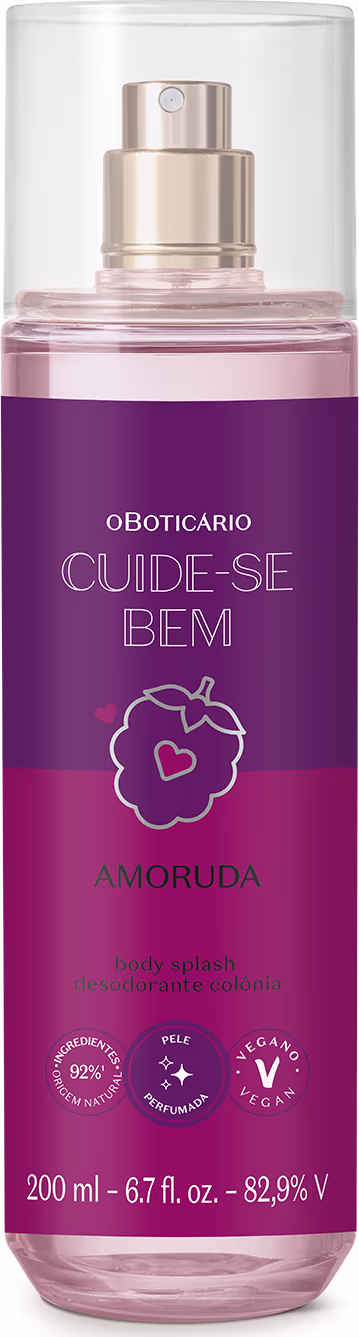 Frasco de body splash da linha Cuide-se Bem da marca Oboticario, com embalagem em tons de roxo e rosa, contendo 200 ml do produto Amoruda.