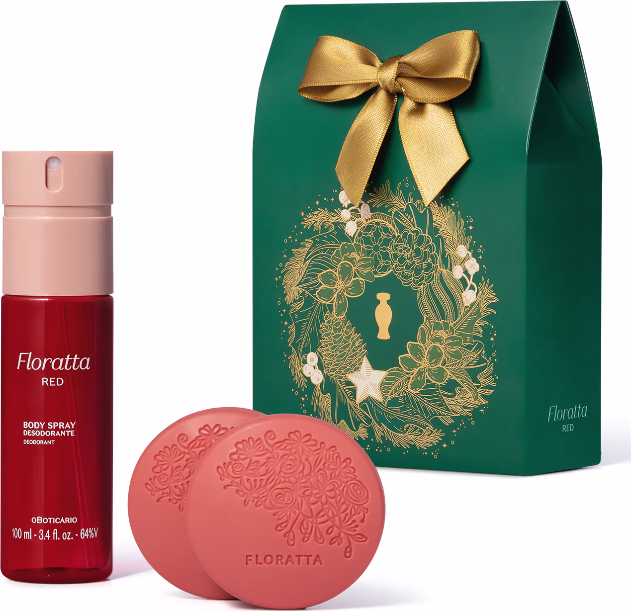 Conjunto de produtos Floratta Red, incluindo um frasco de spray corporal vermelho, um sabonete em formato circular com relevo floral e uma caixa verde com laço dourado e decoração floral dourada.