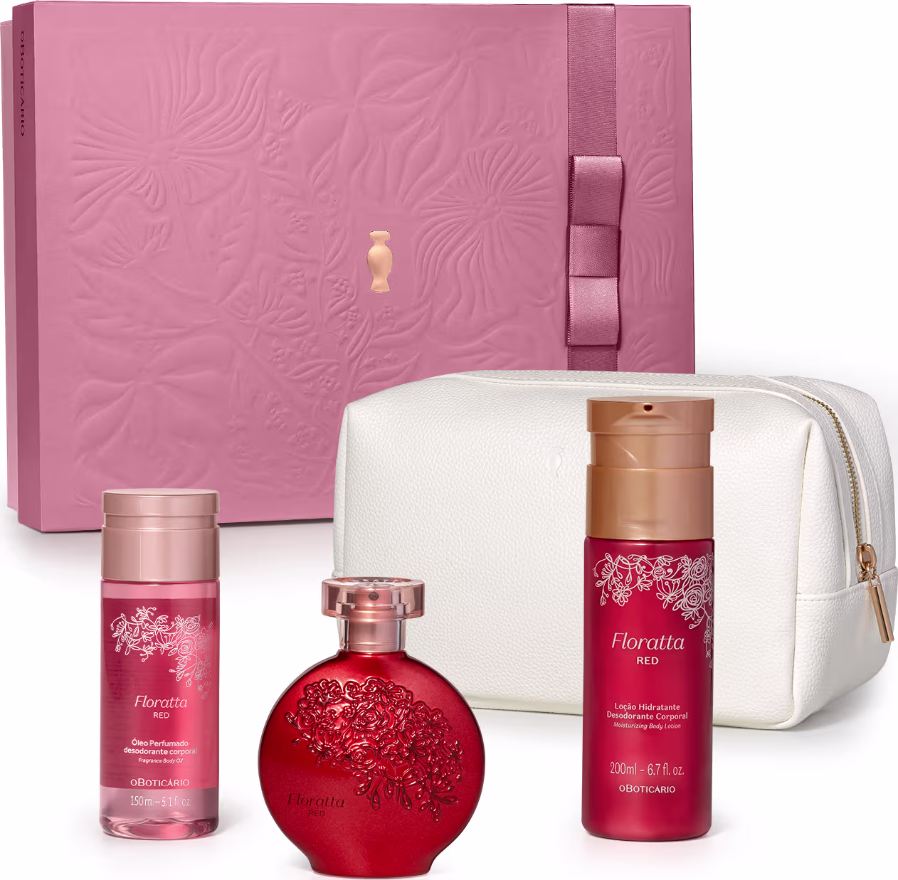 O kit de produtos Floratta apresentado inclui um frasco vermelho com detalhes florais em relevo, um frasco de loção corporal em embalagem rosa e uma bolsa branca. Os itens exibem uma estética com cores e detalhes que remetem a uma fragrância floral.