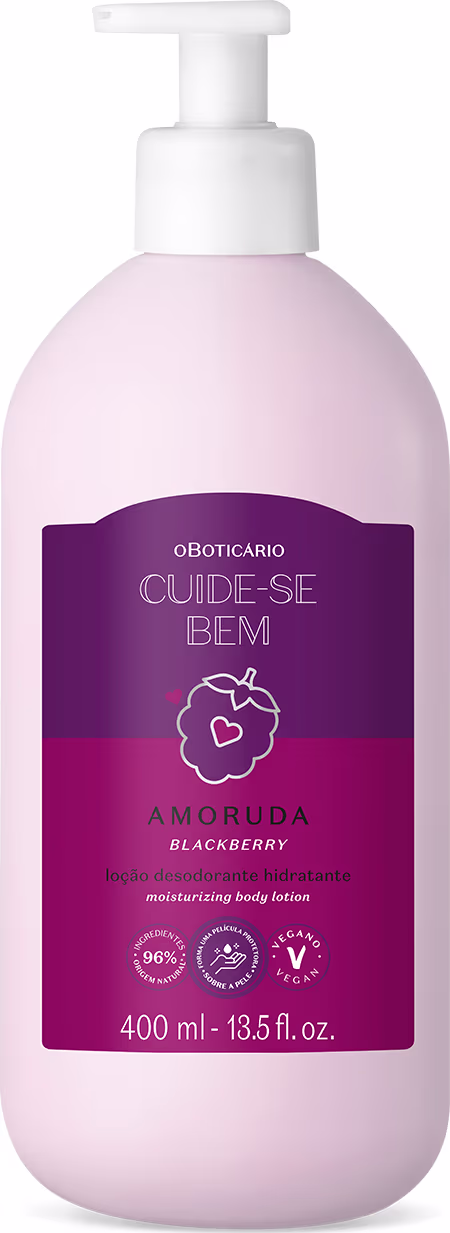 Frasco de loção corporal hidratante da linha Cuide-se Bem da marca Boticário, com embalagem rosa e roxa, contendo 400 ml do produto Amoruda.