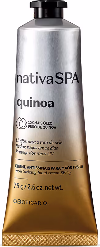 Creme antissinais para mãos FPS 15 da linha Quinoa da Nativa SPA, em embalagem de tubo de 75g com design prateado e dourado.