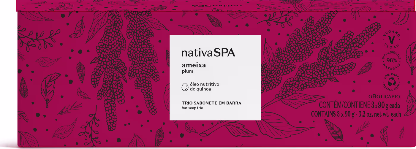 Caixa de trio de sabonetes em barra da linha Nativa SPA, com design floral em tons de rosa e preto. Contém 3 barras de 90g cada, com óleo nutritivo de quinoa.