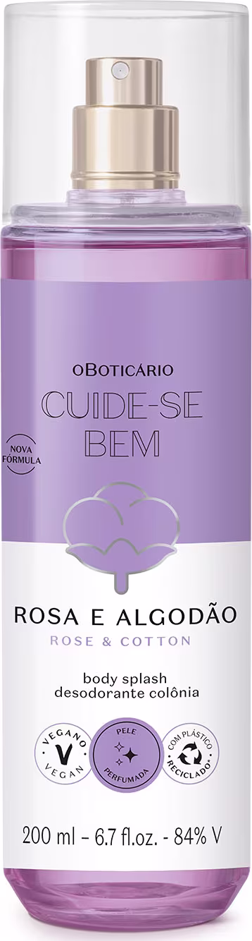 Frasco de corpo splash desodorante colônia da linha Rosa e Algodão da marca Boticário, com embalagem de plástico transparente e rótulo lilás com texto em branco.